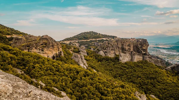 Hermosa Vista Panorámica Atardecer Los Paisajes Meteora Tesalia Grecia — Foto de Stock