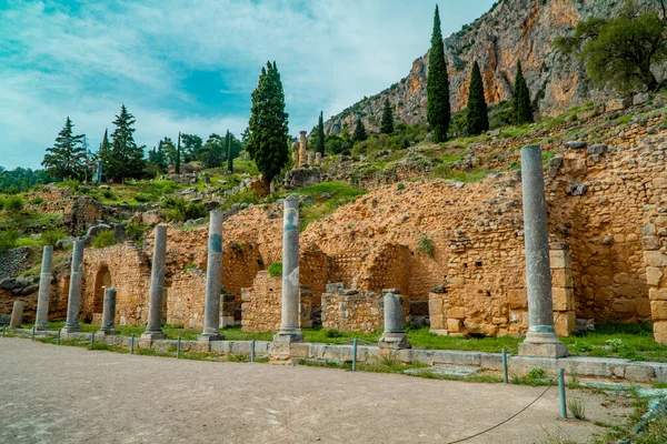 View Greek Columns Ancient Ruin Site Delphi — Stock Photo, Image