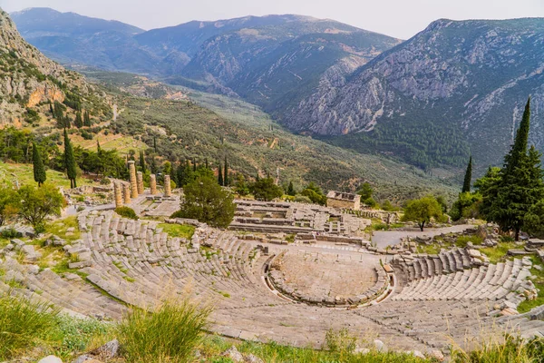 Beautiful Panoramic View Archaeological Site Ancient Delphi Greece Amphitheater Temple — Stock Photo, Image