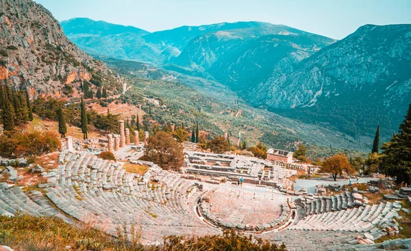 Panoramic Autumn View Ancient Theater Delphi Greece Mountains Background — Stock Photo, Image