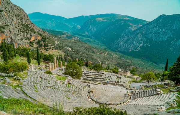 Panoramic View Ancient Theater Delphi Greece Mountains Background — Stock Photo, Image