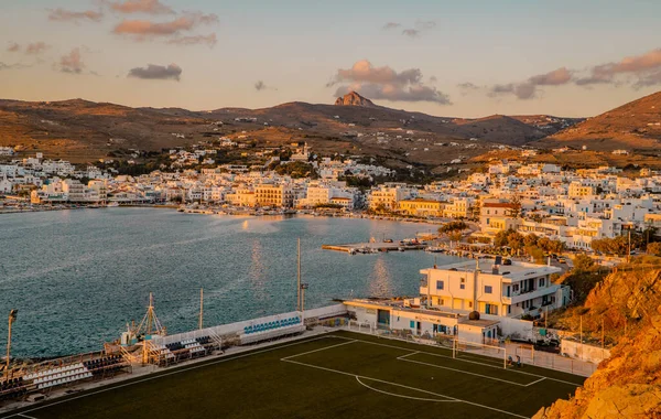 Cidade Tinos Grécia Outubro 2020 Incrível Vista Panorâmica Pôr Sol — Fotografia de Stock