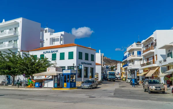 Tinos Town Greece October 2020 Street View Cars Bank Traditional — Stock Photo, Image