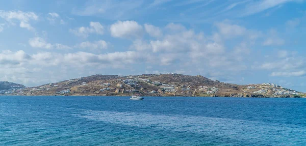 Vista Panorámica Del Yate Lujo Frente Ciudad Mykonos Chora Isla — Foto de Stock