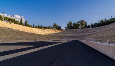 Athens, Greece - November 1, 2020 - Panoramic view of tourists inside the ancient Panathenaic Stadium in Athens, Greece