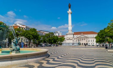 Lisbon, Portugal - September 21, 2020 - Praca Dom Pedro IV with statue, fountain, and National Theater clipart