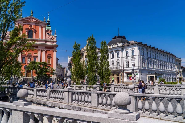 Lublaň Slovinsko Června 2020 Starobylý Kamenný Most Tři Mosty Řece — Stock fotografie