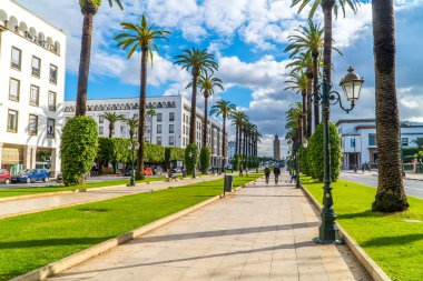 Rabat, Fas - 11 Ocak 2021 - Orta Rabat 'ta palmiye ağaçları ile Muhammed V Bulvarı