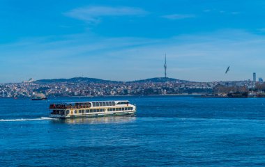 İstanbul, Türkiye - 31 Ocak 2021 - İstanbul Boğazı 'nda feribot ve martılar
