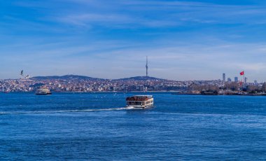 İstanbul, Türkiye - 31 Ocak 2021 - İstanbul 'un Asya yakası ile İstanbul Boğazı' ndaki feribot ve martıların panoramik görüntüsü