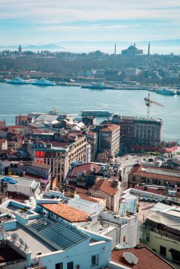 İstanbul, Türkiye - 31 Ocak 2021 - Topkapı Sarayı, Ayasofya Büyük Camii ve Marmara Denizi ile birlikte Sultanahmet 'in dikey panoramik görüntüsü