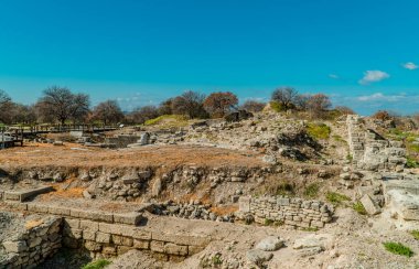 Türkiye 'nin Çanakkale kenti yakınlarındaki Truva antik kentinin arkeoloji parkındaki harabeler ve duvarlar