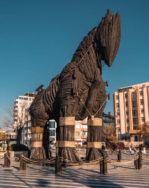 Türkiye 'nin Çanakkale kenti - 1 Mart 2021 - 2004 yapımı Truva Atı filminin dikey sokak fotoğrafçılığı Türkiye' nin batısındaki Çanakkale kentinde sergilenmektedir.