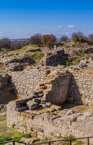 Vertical view of ruins and walls in the archaeological park of the ancient city of Troy near Canakkale, Turkey