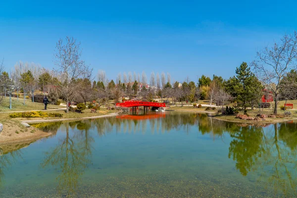 Vista Panorámica Del Hermoso Jardín Japonés Con Puente Rojo Típico — Foto de Stock