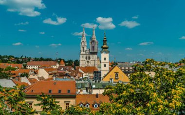 Aerial panoramic view of the Old Town of Zagreb, Croatia with Zagreb Cathedral in the center