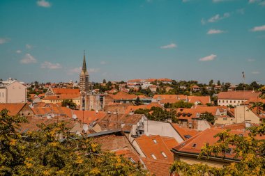 Aerial panoramic view of the Old Town of Zagreb, Croatia with red brick roofs
