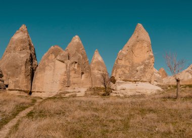 Peri bacaları ve Goreme, Kapadokya, Türkiye yakınlarındaki tipik kaya oluşumlarına bir bakış