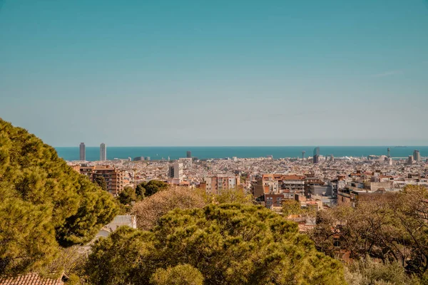 Barcelona Spanien April 2021 Panoramautsikt Över Centrala Barcelona Och Medelhavet — Stockfoto