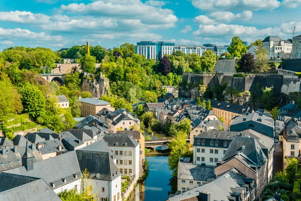 Aerial Panorama View Luxembourg City Grund Alzette River Modern Buildings — Stock Photo, Image