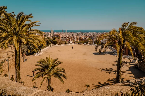 Барселона Испания Апреля 2021 Года Панорамный Вид Закат Пальм Площадь — стоковое фото