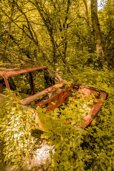 Vista Vertical Carro Abandonado Coberto Dentro Zona Exclusão Chernobyl Perto — Fotografia de Stock