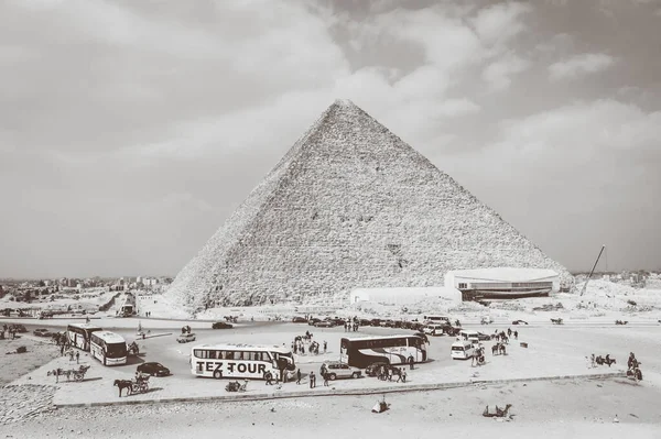 Giza Egypten April 2021 Svartvitt Antenn Utsikt Över Turistbussar Vid — Stockfoto