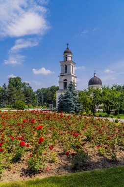 Chisinau, Moldova - 25 Haziran 2021 - Katedral Parkı 'nda İsa' nın Doğumu Katedrali 'nin çiçeklerle dikey görüntüsü