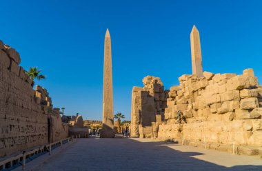 Luxor, Mısır - 4 Nisan 2021 - Mısır 'ın en büyük tapınağı olan Karnak' ın içindeki harabe ve dikilitaş manzarası