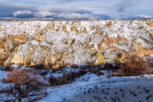 Śnieżny Widok Słynną Dolinę Gołębi Kapadocji Turcja Unikalnymi Bajkowymi Kominami — Zdjęcie stockowe
