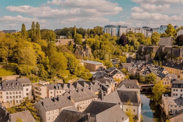 Panoramic Sunset Aerial View Luxembourg City Grund Alzette River Modern — Stock Photo, Image