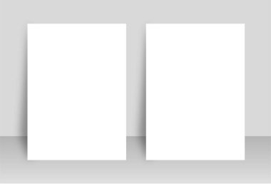 Gölgeli iki beyaz A4 kağıdı. Broşür, kapak, poster gibi tasarım için şablonlar.