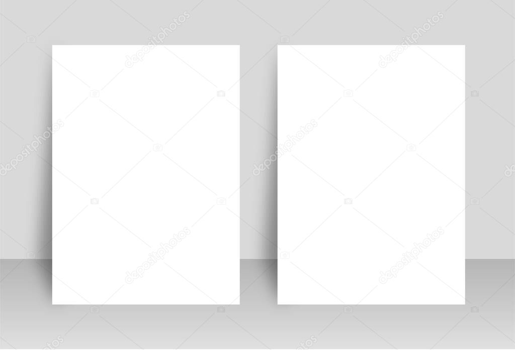 Two white blank A4 papers with shadows. Templates for presentation of design like flyer, cover, poster.