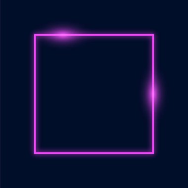 Koyu arkaplanda Mor Neon Kare ışığı. Neon dikdörtgen kare. Vektör soyut arkaplanı. Geometrik parıltı dış hat şekli veya lazer ışıldayan çizgiler.