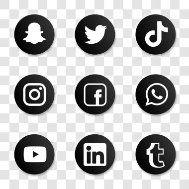 Facebook, twitter, instagram, youtube, snapchat, her neyse, linkedin, tumblr, tiktok- popüler sosyal medya logosu koleksiyonu. Sosyal medya simgeleri. Gerçekçi bir set. Vektör editörü