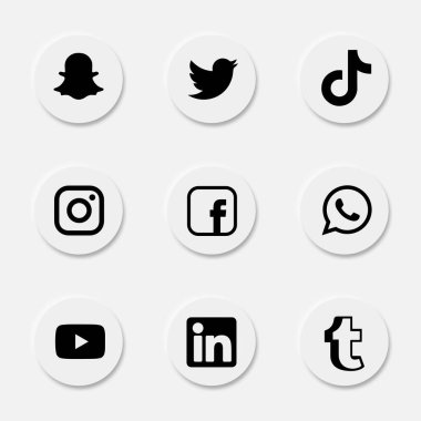 Facebook, twitter, instagram, youtube, snapchat, her neyse, linkedin, tumblr, tiktok- popüler sosyal medya logosu koleksiyonu. Sosyal medya simgeleri. Gerçekçi bir set. Vektör editörü