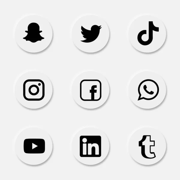 Facebook, twitter, instagram, youtube, snapchat, her neyse, linkedin, tumblr, tiktok- popüler sosyal medya logosu koleksiyonu. Sosyal medya simgeleri. Gerçekçi bir set. Vektör editörü
