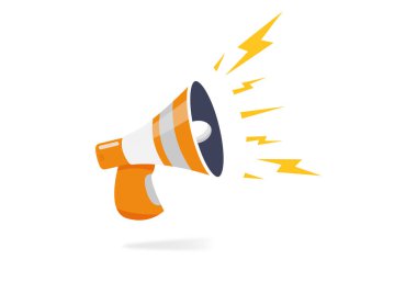 Megafonun sembolü. Hoparlörün sarı simgesi. Haber kavramı, duyuru, propaganda, promosyon, yayın, medya, mesaj. Vektör illüstrasyonu beyaz arkaplanda izole edildi.