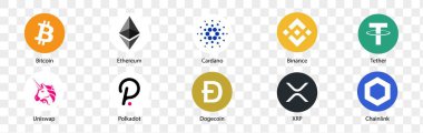 Lombok, Endonezya - 7 Ağustos 2021: şifreli para birimi logosu seti. Bir dizi kripto para birimi simgesi. Bitcoin, Ethereum, Cardano, Binance, Lither, Uniswap, Polkadot, Dogecoin, XRP, Chainlink. Vektör illüstrasyonları.
