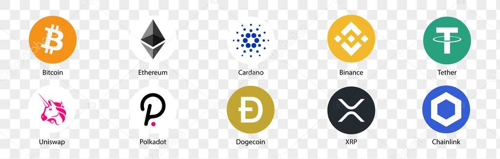 Lombok, Indonesia - August 7, 2021: Cryptocurrency logo set. Set of cryptocurrency icons. Bitcoin, Ethereum, Cardano, Binance, Tether,Uniswap, Polkadot, Dogecoin, XRP, Chainlink. Vector illustrations.