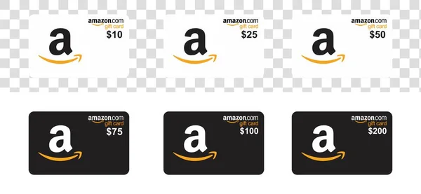 Lombok, Endonezya - 9 Ağustos 2021: siyah beyaz Amazon hediye kartı. Gerçekçi Amazon hediye kartı seti: 10 dolar, 25 dolar, 50 dolar, 75 dolar, 100 dolar, 200 dolar. Beyaz arka planda izole edilmiş plastik hediye kartı.