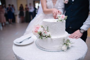 Gelin ve damat bir düğünde pasta kesiyorlar.