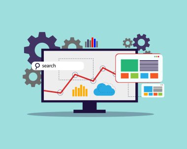 Arama motoru optimizasyonu, SEO, bilgisayar monitörlü vektör çizimi, dişli arama çubuğu, web düzeni 