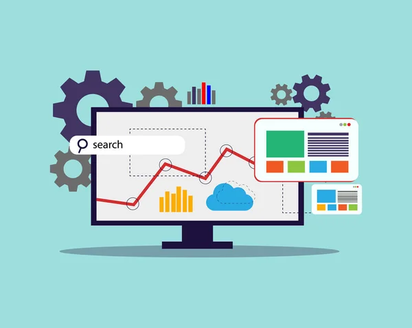 Arama motoru optimizasyonu, SEO, bilgisayar monitörlü vektör çizimi, dişli arama çubuğu, web düzeni 