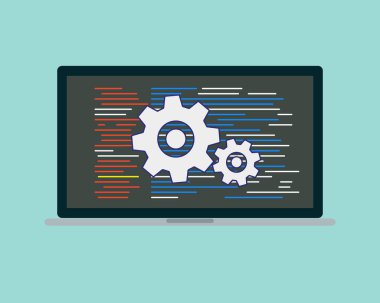 Veri işleme kavramsal şablonu, programlama, kodlama, vitesli vektör illüstrasyon dizüstü bilgisayarı, kodlama, analitik, programlama