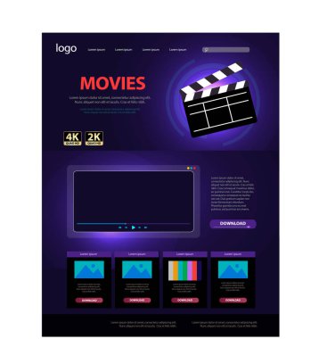 film, video içeriği, çevrimiçi platform iniş sayfası tasarımı, web sayfası vektör illüstrasyonu, ultraviyole arkaplan üzerindeki klaket