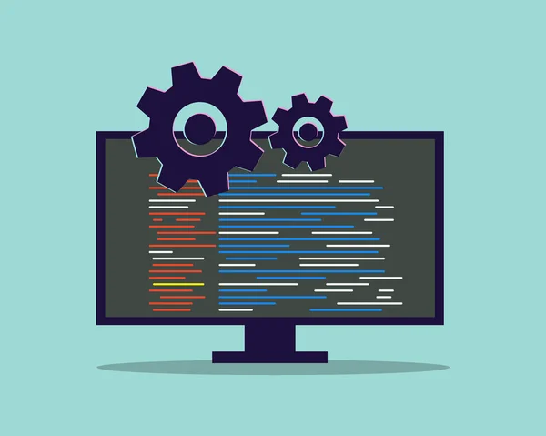 Modelo Conceitual Processamento Dados Monitor Computador Ilustração Vetorial Com Engrenagens — Vetor de Stock