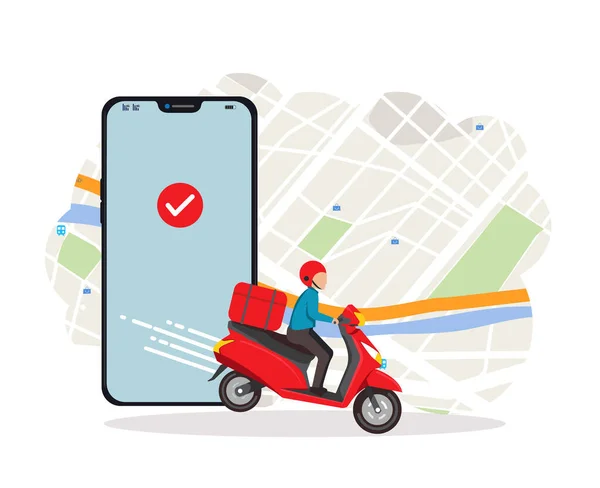 Scooter 'la hızlı ve ücretsiz teslimat, ulaşım işi, akıllı telefonlu müşteri takip rotası, GPS teknolojisi, vektör illüstrasyonu 