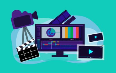 video prodüksiyon vektörü illüstrasyonu, film düzenleme monitörü, alkış tahtası, film şeridi, kamera, video oynatıcı arayüzü