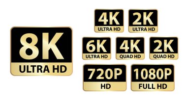  yüksek çözünürlüklü video simgesi seti, 8k, 4K, 2k, HD, Tam HD vektör resimleme